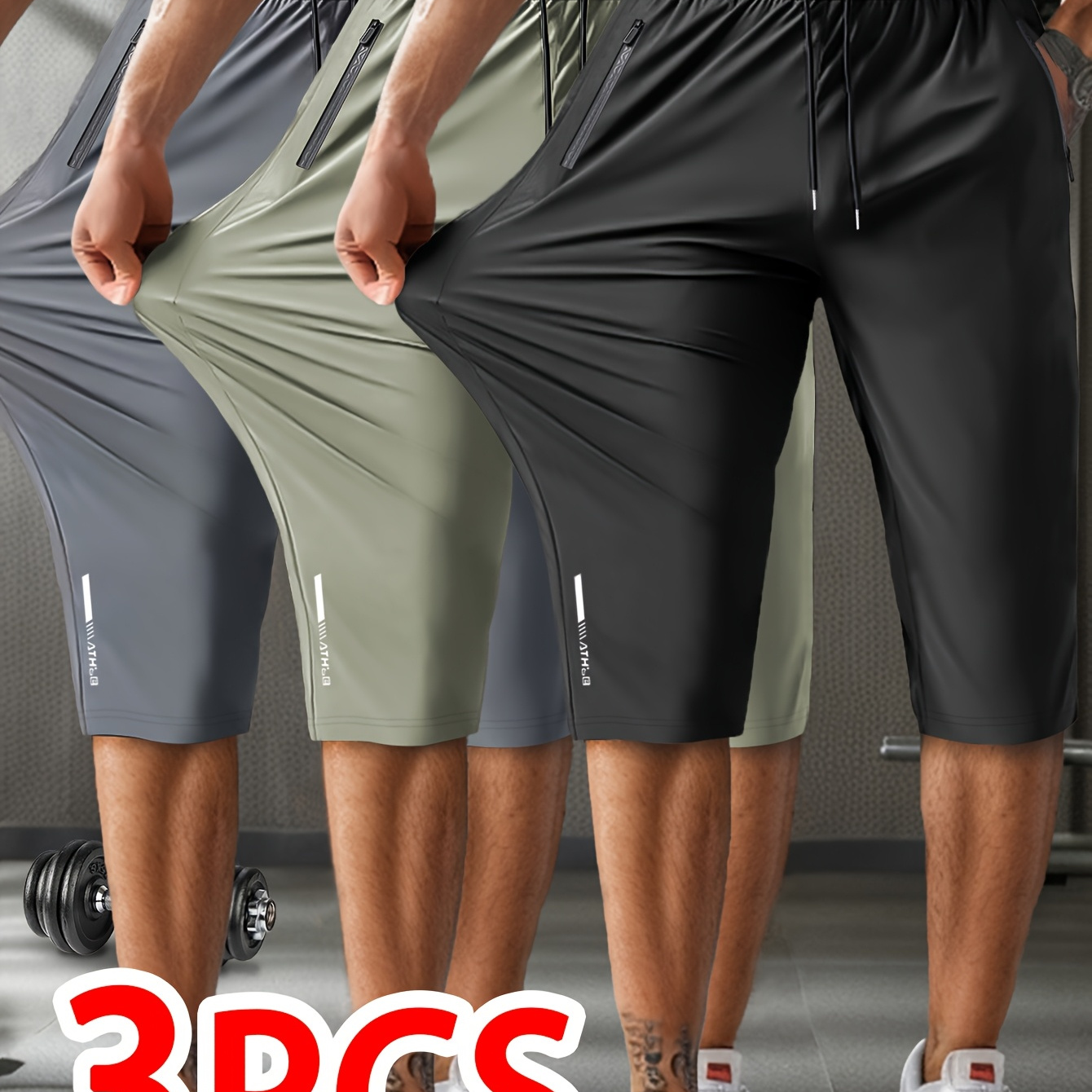 

Ensemble de 3 pantalons capri décontractés et sportifs pour hommes, respirants et élastiques, avec cordon de serrage et poche zippée, pour l'été.