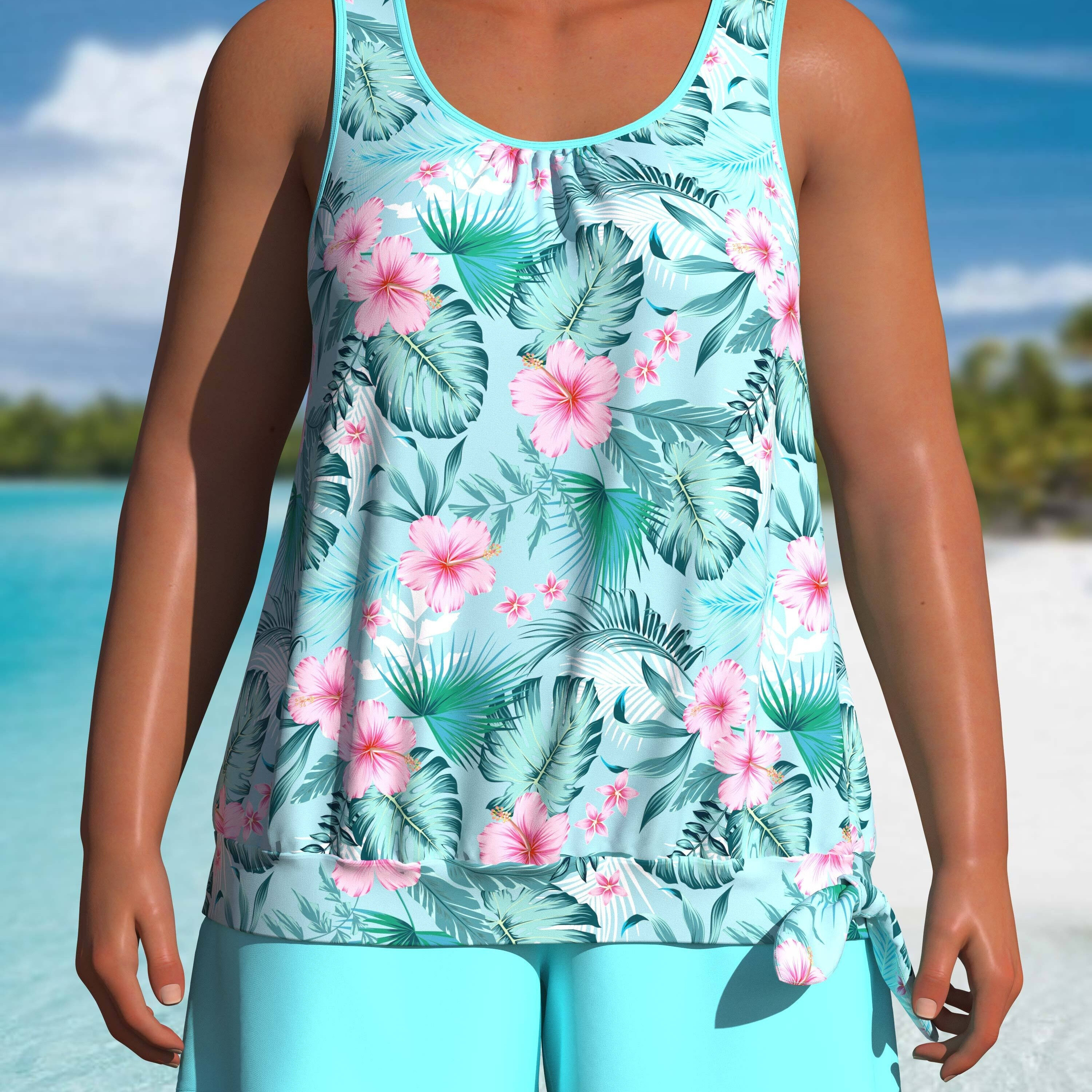 

Women's Plus Size Floral Print Tankini Swimsuit Set, Casual Style, 2-piece Swim Top And Shorts, Beachwear, Poolside Outfit, Summer Fashion