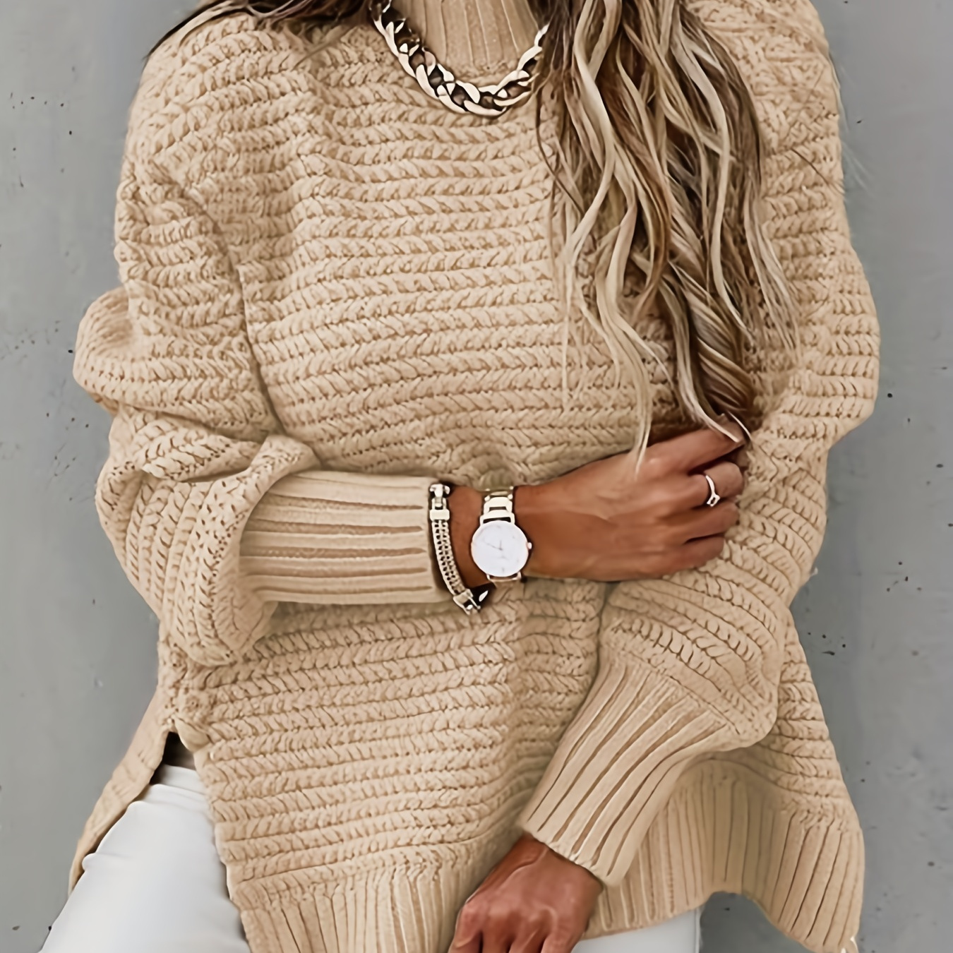 

Plus Size Casual Sweater, Women's Plus Knitted Long Sleeve Mock Neck Medium Stretch Split Pullover Jumper