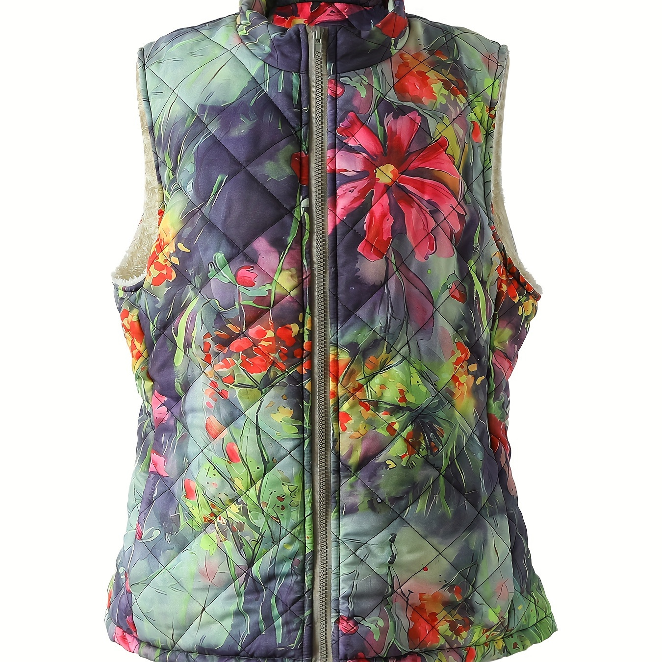 

Gilet Zip-Up Matelassé à Imprimé Floral Léger pour Femmes - Veste Manches Décontractée pour Automne/Hiver, Lavable en Machine, Style Loisirs, Automne/Hiver