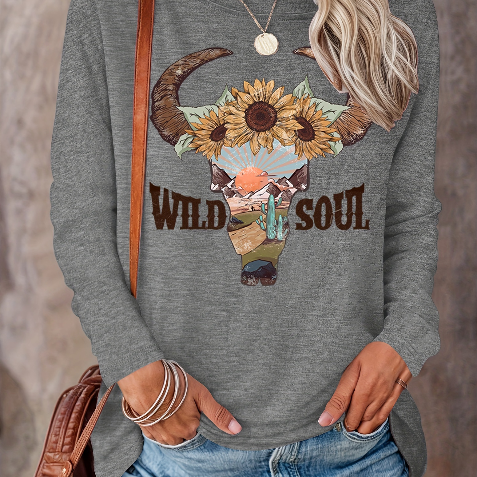 

Women's Vintage Western-inspired Long Sleeve Crew Neck T-shirt | Polyester Blend Knit Fabric | Casual Regular Fit Top For Spring/fall | Featuring "" Sunflower & Bull Skull Print