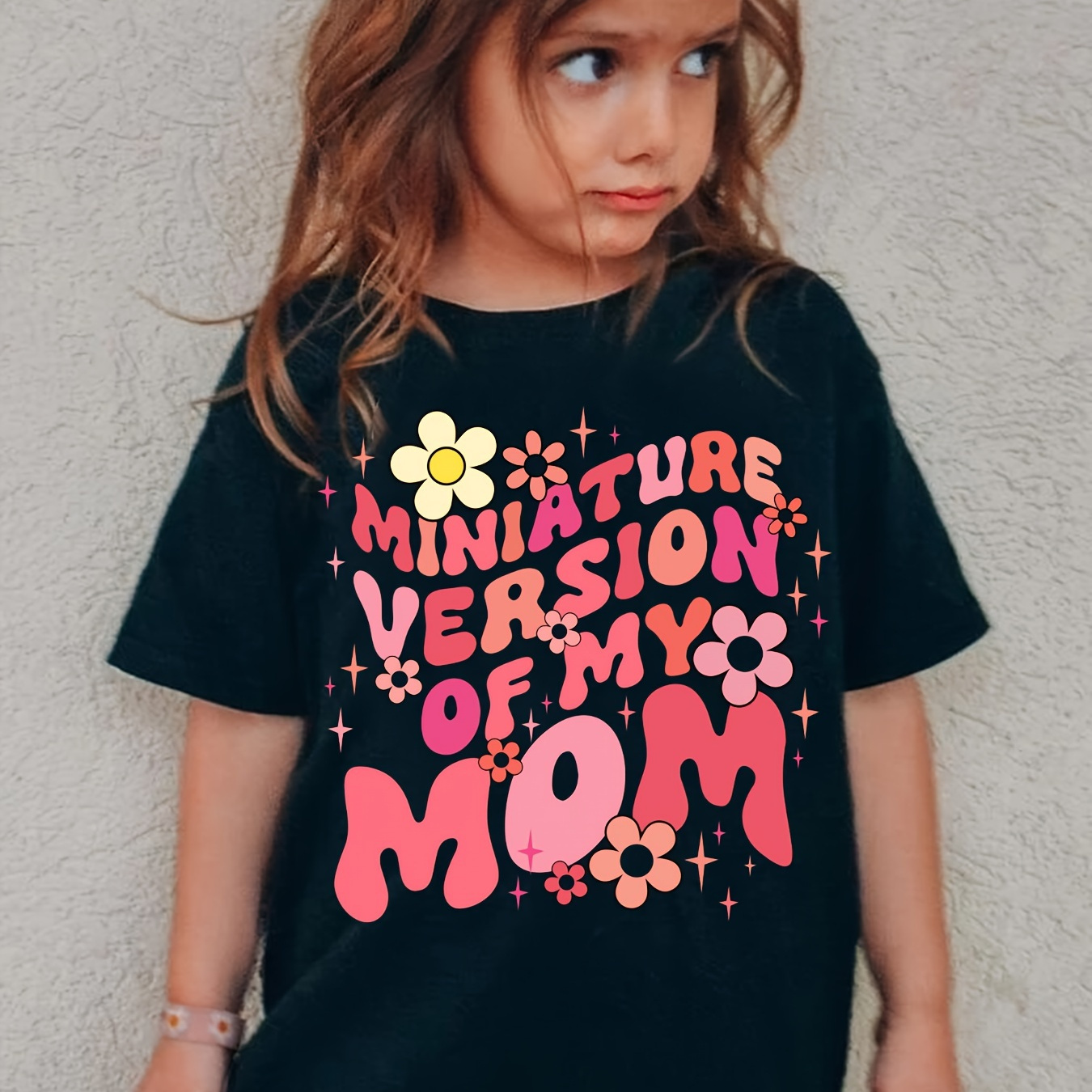 

Miniature Version Of My Mom & Cartoon Flowers Graphic Print Tee, Girls' Stylish & Comfy Crew Neck Short Sleeve T-shirt For Spring & Summer, Girls' Clothes For Everyday Life