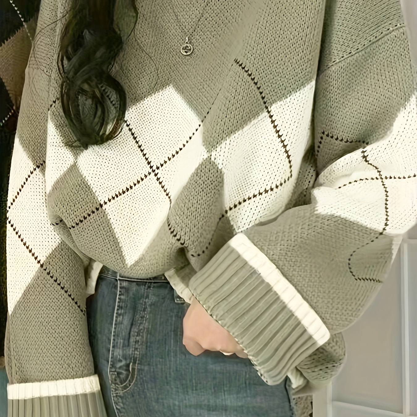 

Argyle Pattern Crew Neck Pullover Sweater, Vintage Long Sleeve Loose Sweater, Women's Clothing