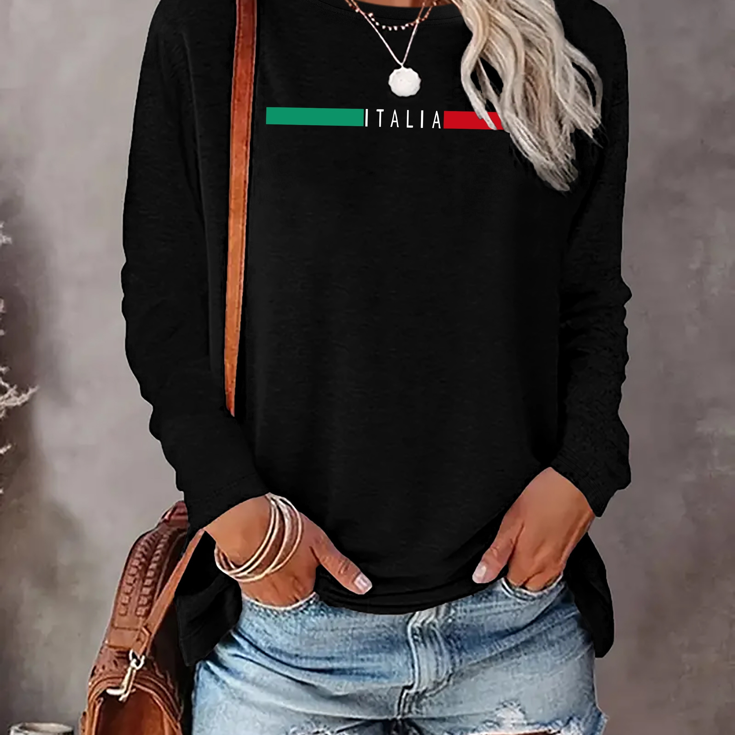 

Women's Casual Long Sleeve Crew Neck T-shirt With Italy Letter Print, 100% Polyester Knit Fabric,