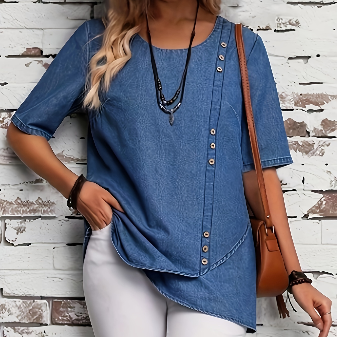 

Women's Elegant Denim Top With Button Detail And Wrap Hem, Stylish Half Sleeve Casual Denim Top For Everyday Wear