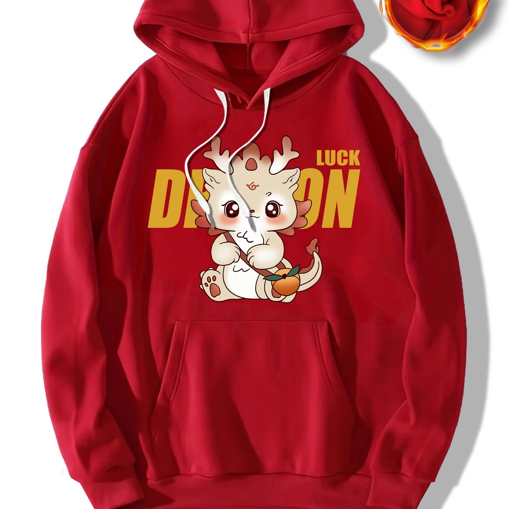 

Men's Fleece-lined Hoodie With Dragon Print - Casual Drawstring Pullover, Long Sleeve, Kangaroo Pocket | Fall & Winter