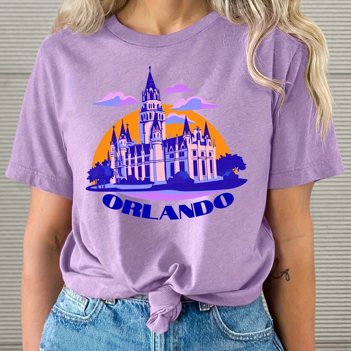 

Orlando & Building Print Crew Neck T-shirt, Casual Short Sleeve Top For Summer & Spring, Women's Clothing