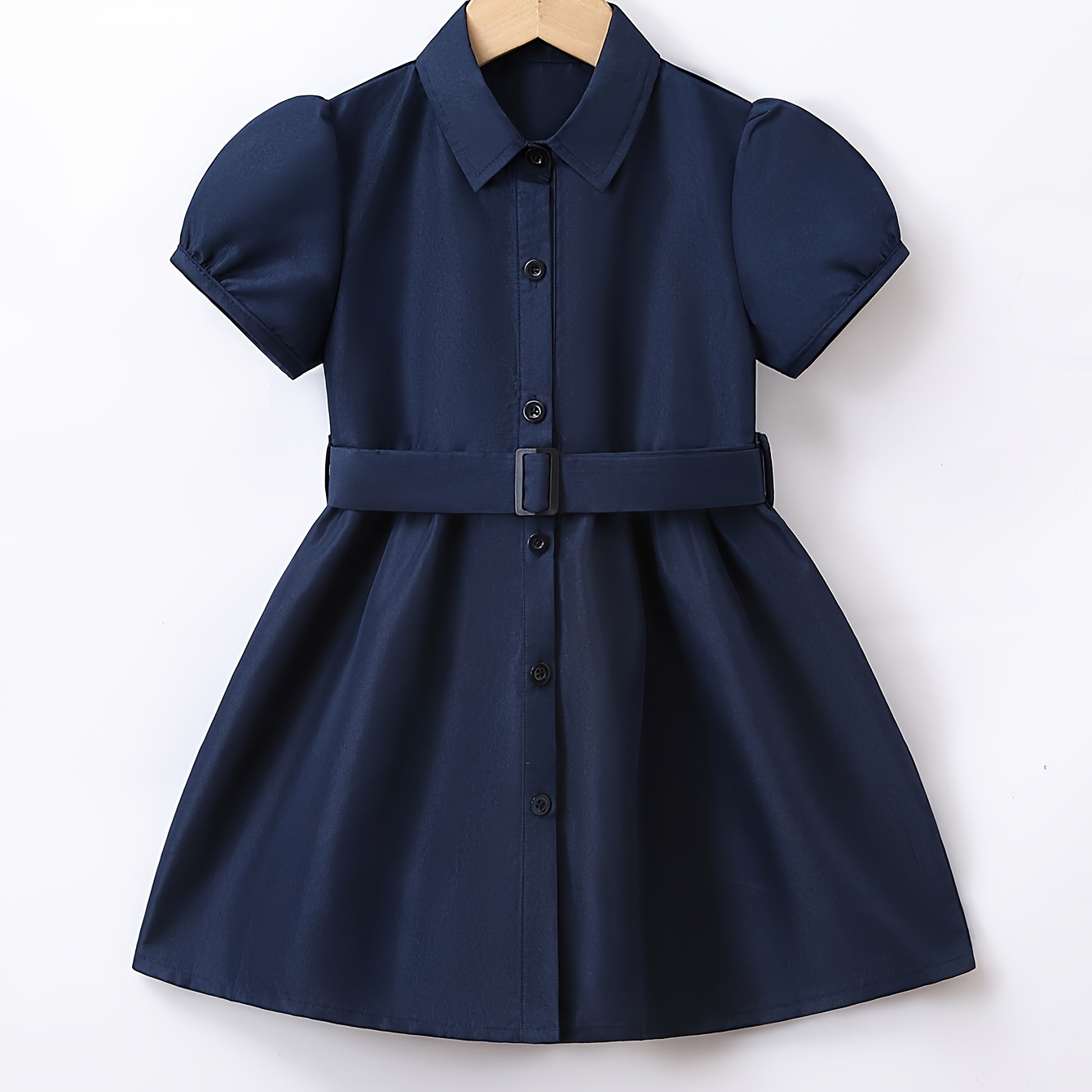 

Girls Solid Cute Lapel Short Sleeve Dress Preppy Style School Uniform Dress With Belt