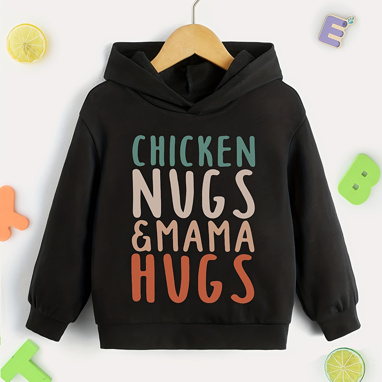 CHICKEN NUGS&MAMA HUGS Letter Print Boys Casual Pullover Long Sleeve Hoodies, Boys Sweatshirt For Spring Fall, Kids Hoodie Tops Outdoor