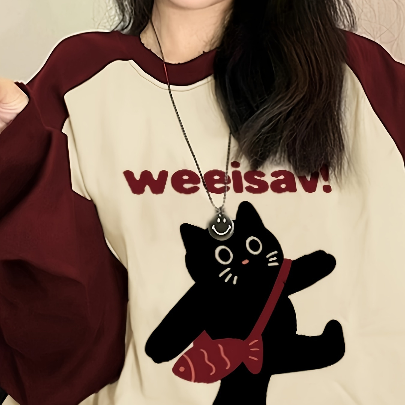 

Cat Print Raglan Sleeve T-shirt, Casual Crew Neck Top For Spring & Fall, Women's Clothing