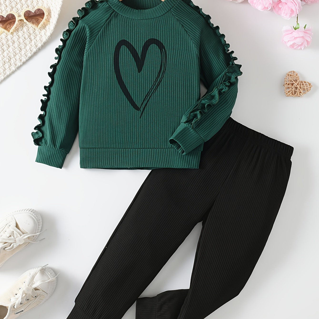 

Girls 2pcs, Chic Frilled Long Sleeve Heart Graphic Pullover Top + Pants Casual Set, Cute Girls Spring Fall Clothes