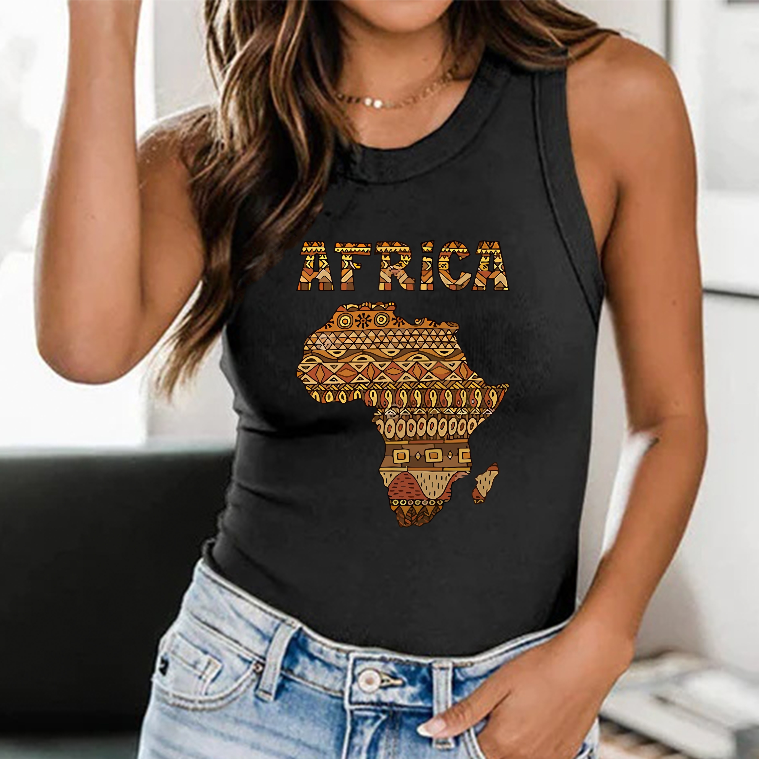 

Africa Print Crew Neck Tank Top, Casual Sleeveless Top For Summer & Spring, Women's Clothing