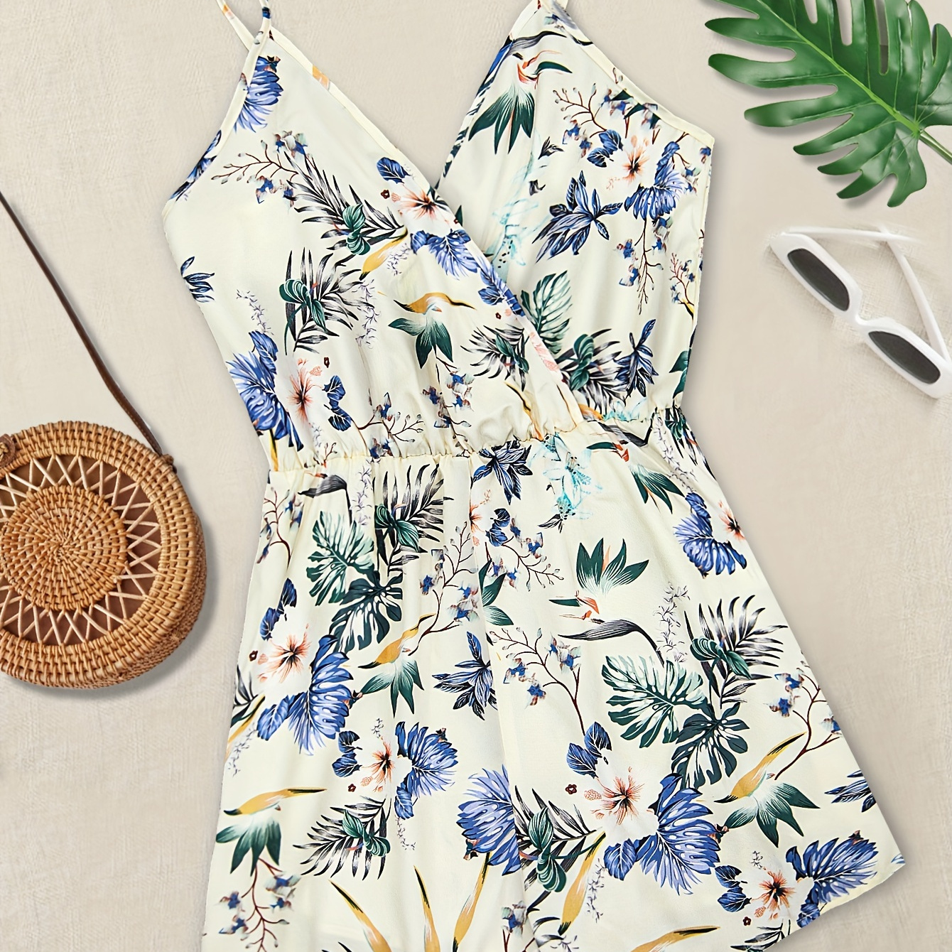 

Allover Floral Print Romper Jumpsuit, Boho Sleeveless Romper Jumpsuit, Women's Clothing