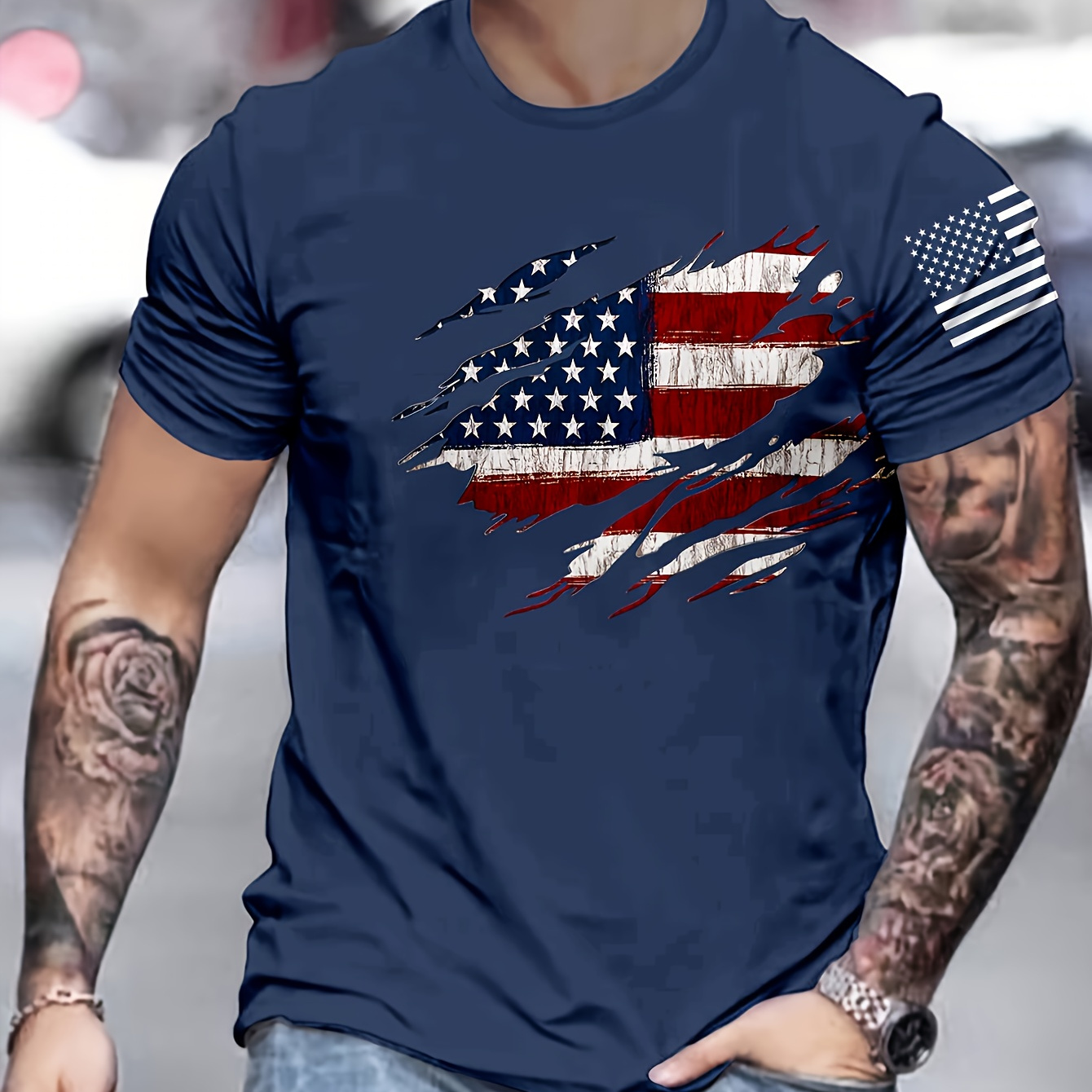 

Men's Flag Graphic Print T-shirt, Casual Short Sleeve Crew Neck Tee, Men's Clothing For Summer Outdoor