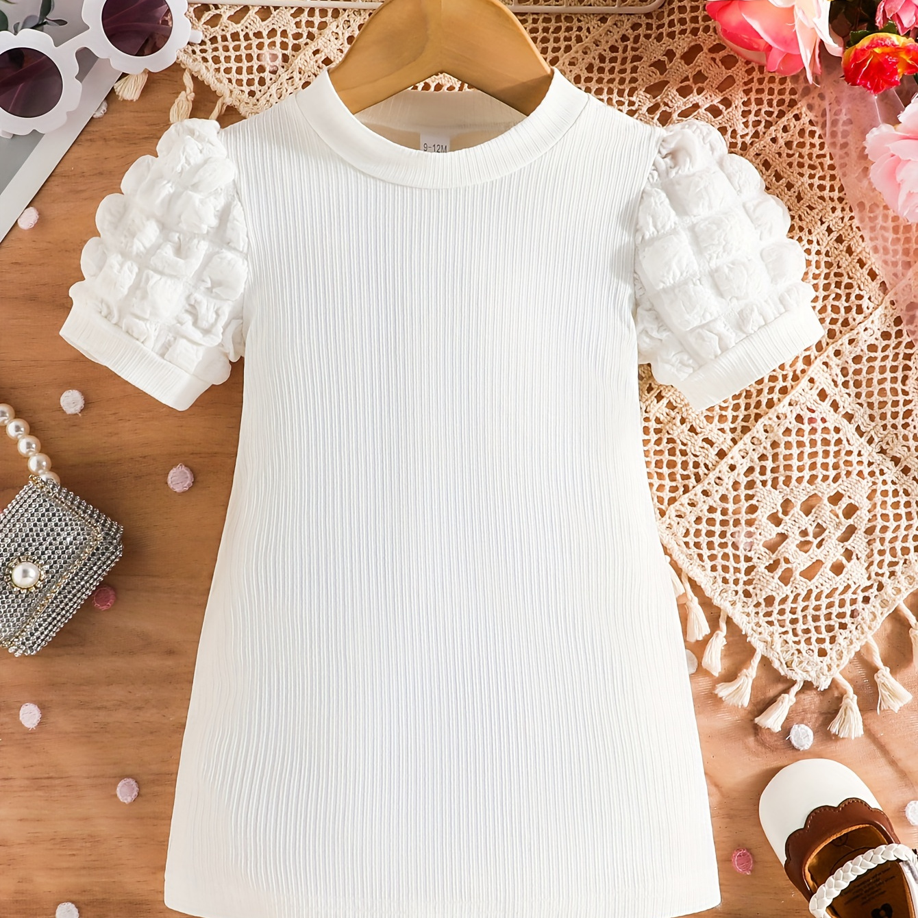 

Baby Girls Summer Puff Short Sleeve Pit Strip Knitted Casual Dress