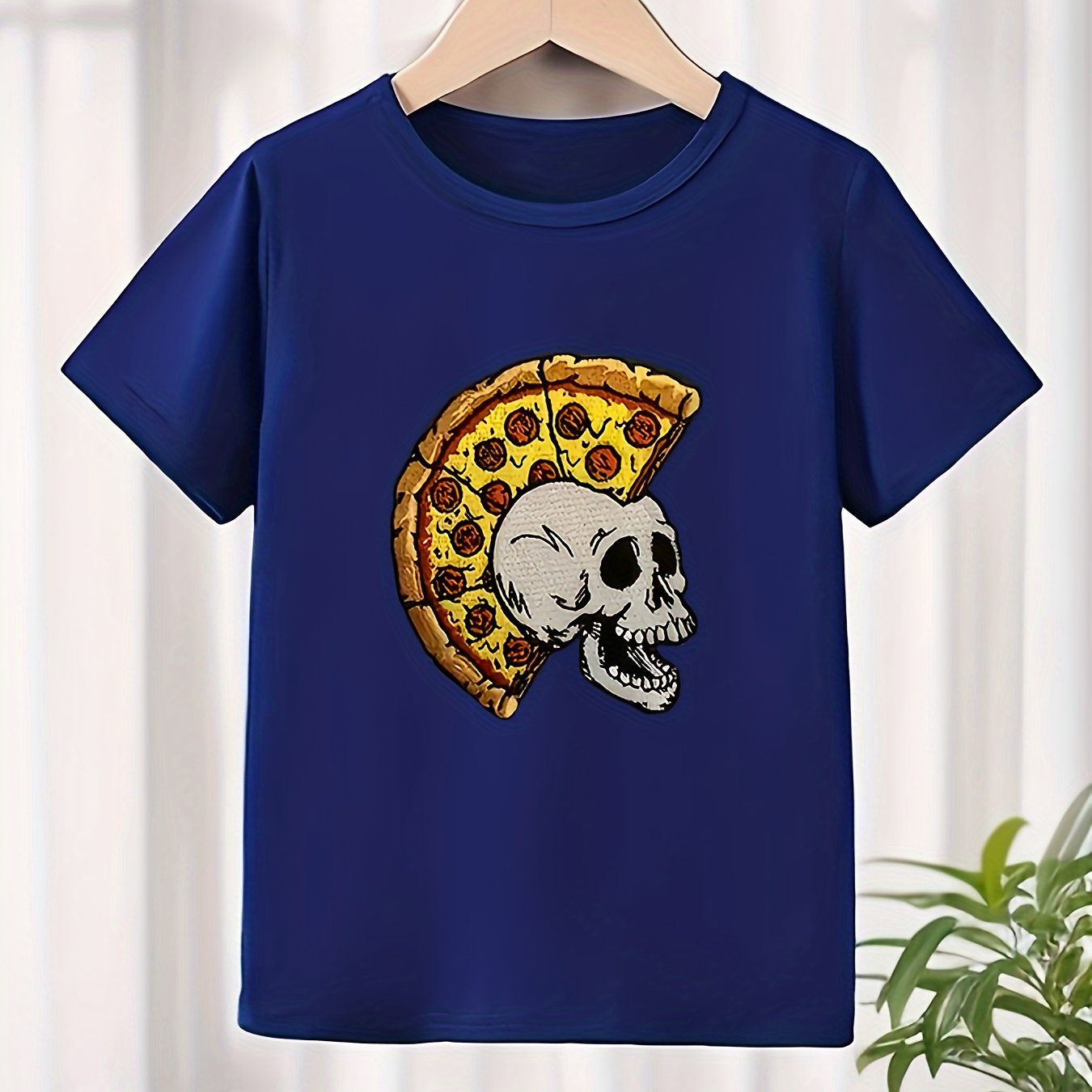 

Cartoon Skull With Pizza Graphic Print Tee, Boys Casual & Trendy T-shirt For Spring & Summer, Boys Clothes For Outdoor Activities