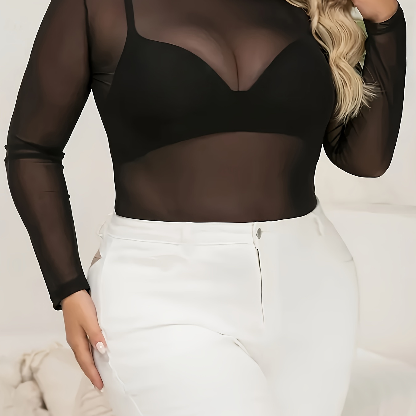 

Women's Plus Size Sheer Mesh Long Sleeve T-shirt - Elegant High Neck, Black, Casual & Sexy, Layering Or Outfits, Ladies T Shirts