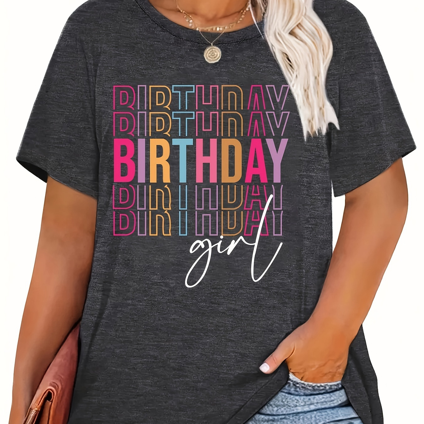 

Plus Size Birthday Letter Print T-shirt, Casual Crew Neck Short Sleeve T-shirt, Women's Plus Size clothing