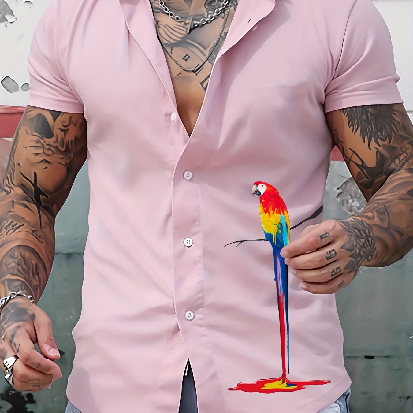 

Parrot Print Men's Casual Short Sleeve Shirt, Men's Shirt For Summer Vacation Resort, Tops For Men, Gift For Men