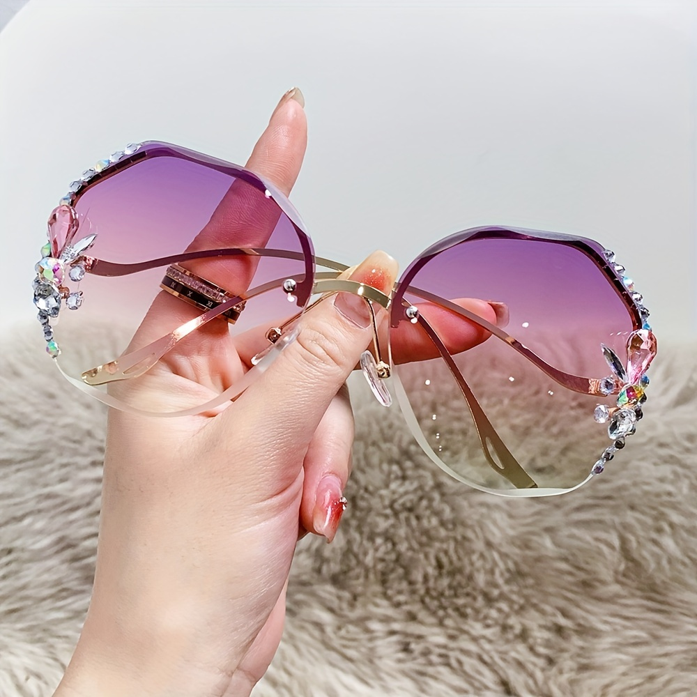 Half Rimless Round Sunglasses Rhinestone Decor Eyeglasses Women's Y2k Metal Shades  Glasses Oversized Square Eyewear - Temu Qatar