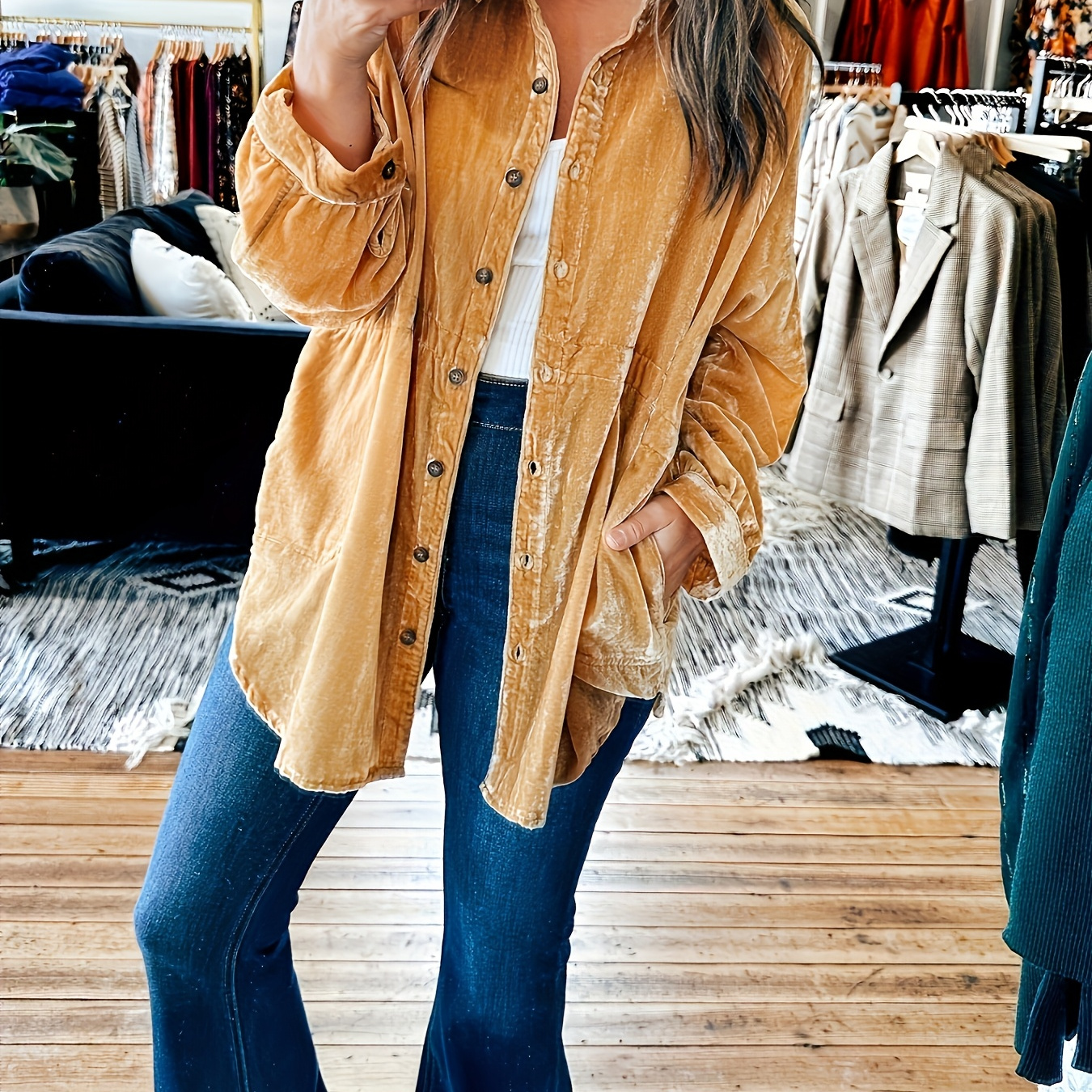 

Elegant Mustard Yellow Velvet Jacket For Women - Casual Long Sleeve Shacket With Decorative Waist Band, Fall & , Polyester , Winter Clothing|fringed Design|soft Suede Look