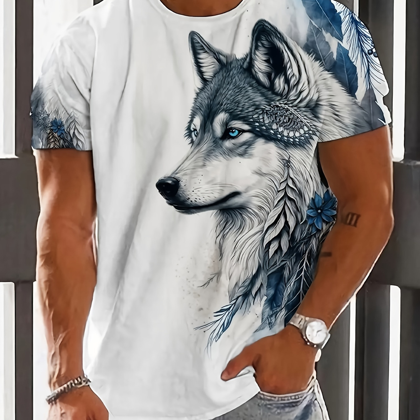 

Ethnic Style Wolf Digital Print Men's Stylish Short Sleeve Crew Neck T-shirt, Summer Outdoor