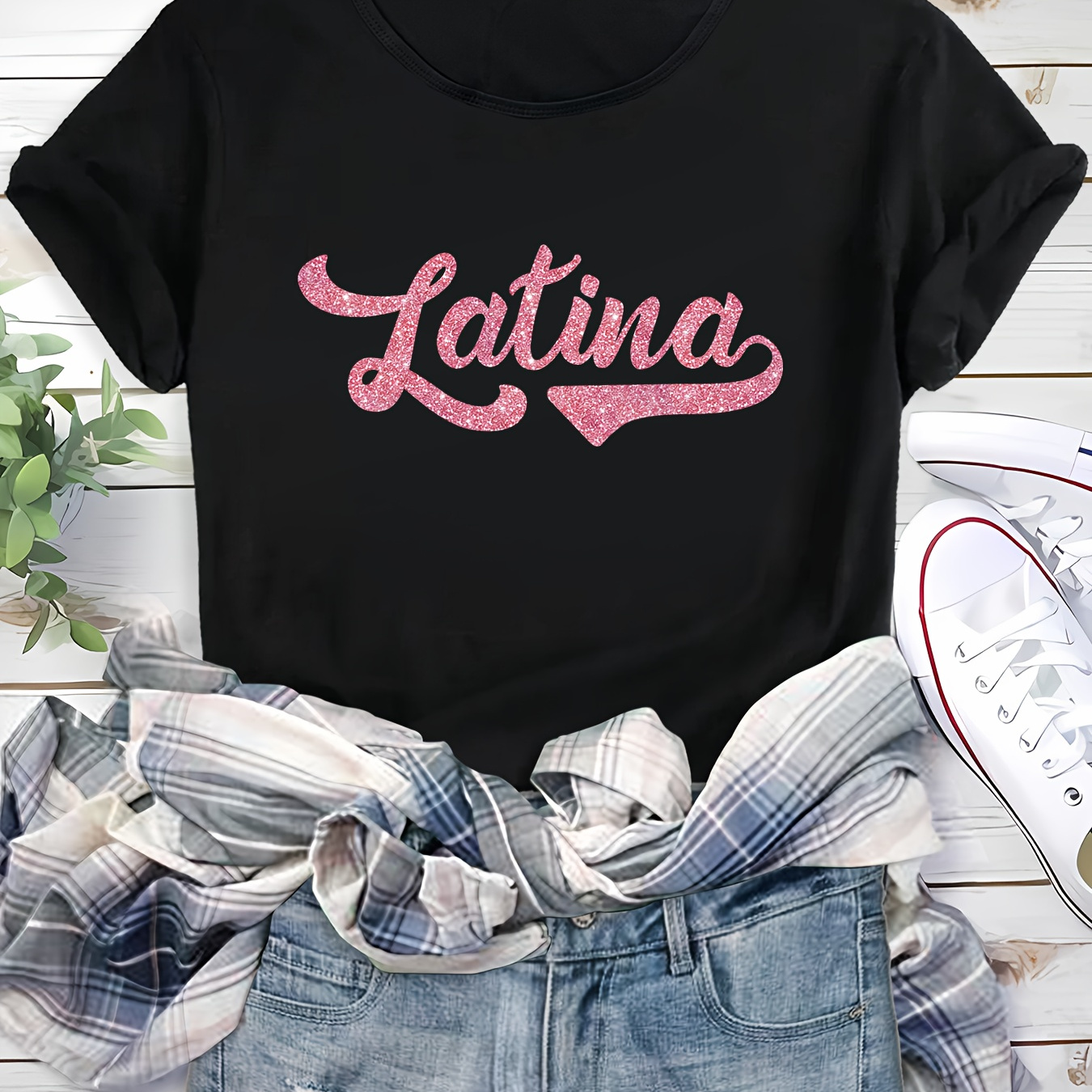 

Women's Casual Summer T-shirt With Glitter 'latina' Print, Relaxed Fit, Round Neck, Short Sleeve Top