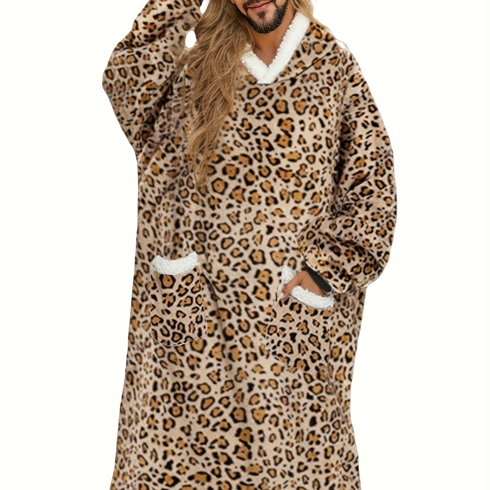 

Leopard Print Thickened Flannel Fleece Loungewear Set, Unisex-adult Cozy Sleeping Robe With Pockets, Long Sleeve, Knit Fabric, Pullover, , Loose Fit, Winter