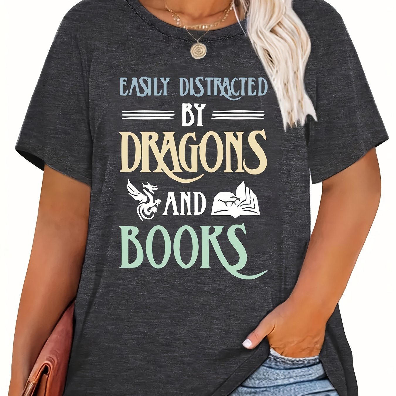 

Plus Size Books Letter Print T-shirt, Casual Crew Neck Short Sleeve T-shirt, Women's Plus Size clothing