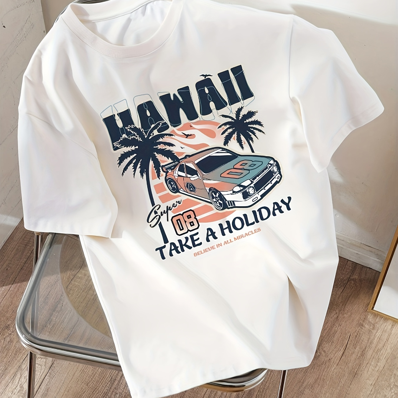 

Car Print Drop Shoulder T-shirt, Short Sleeve Crew Neck Casual Top For Spring & Summer, Women's Clothing