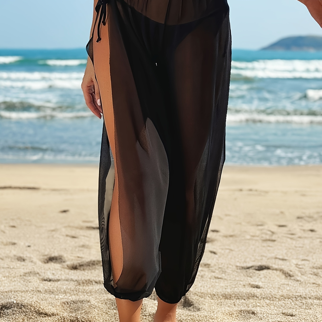 Black Mesh See Cover Pants Without Panty Ruffle High Stretch - Temu  Philippines