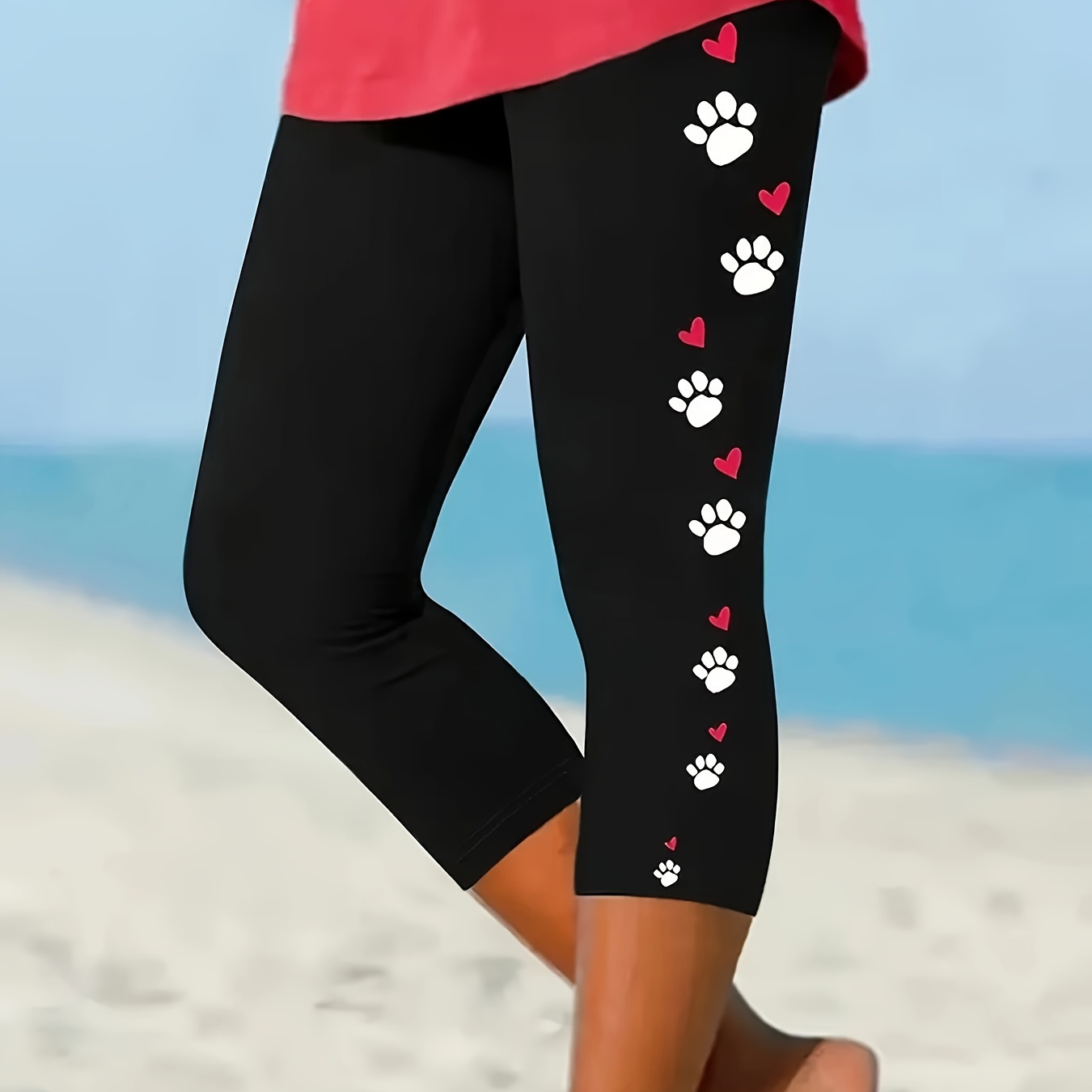 

Leggings Capri imprimés griffes et cœurs de grande taille, leggings extensibles décontractés à taille haute pour le printemps et l’été, vêtements grande taille pour femmes