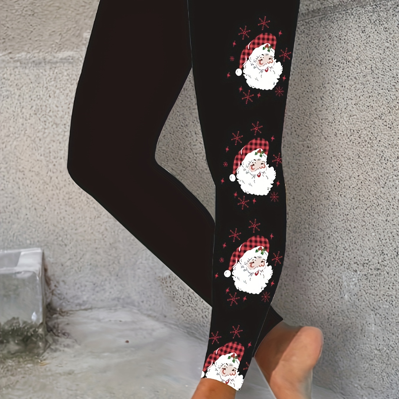 

Women's Holiday Santa Print Leggings, Polyester Knit Fabric With Spandex, Elastic Waist Jegging, Cute Santa Long Pants With Medium Stretch, All-season