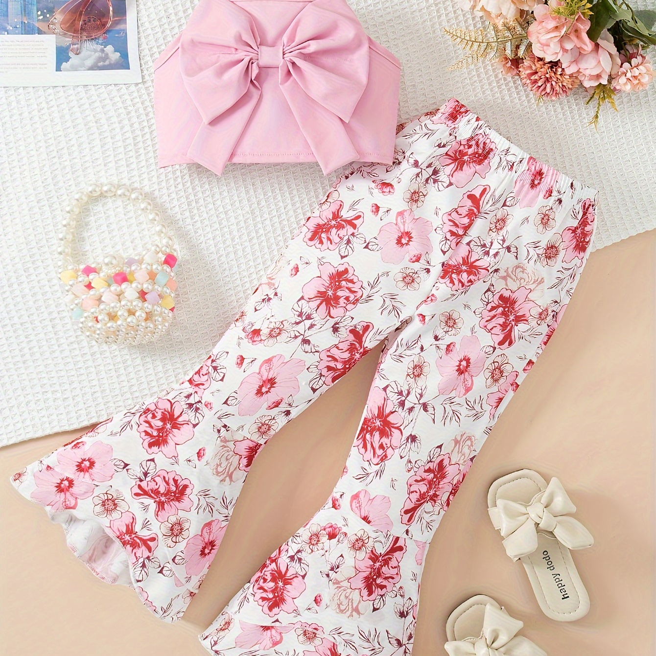 

2pcs, Sweet Girl's Solid Bow Decor Cami Top + Floral Flare Pants Set For Summer Holiday Party Gift