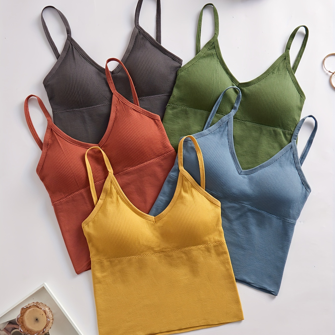 

Polyamide Knit Fabric Bralettes Set Of 5 - Solid Color Wireless Bras With Removable Padding For Adults