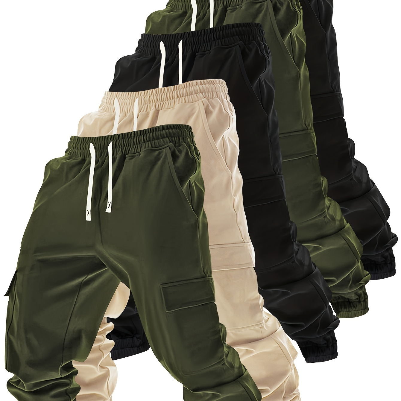 

5 pantalons cargo pour hommes avec poignets, cordon de serrage et poches, couleur unie, coupe et tendance pour les tenues décontractées.