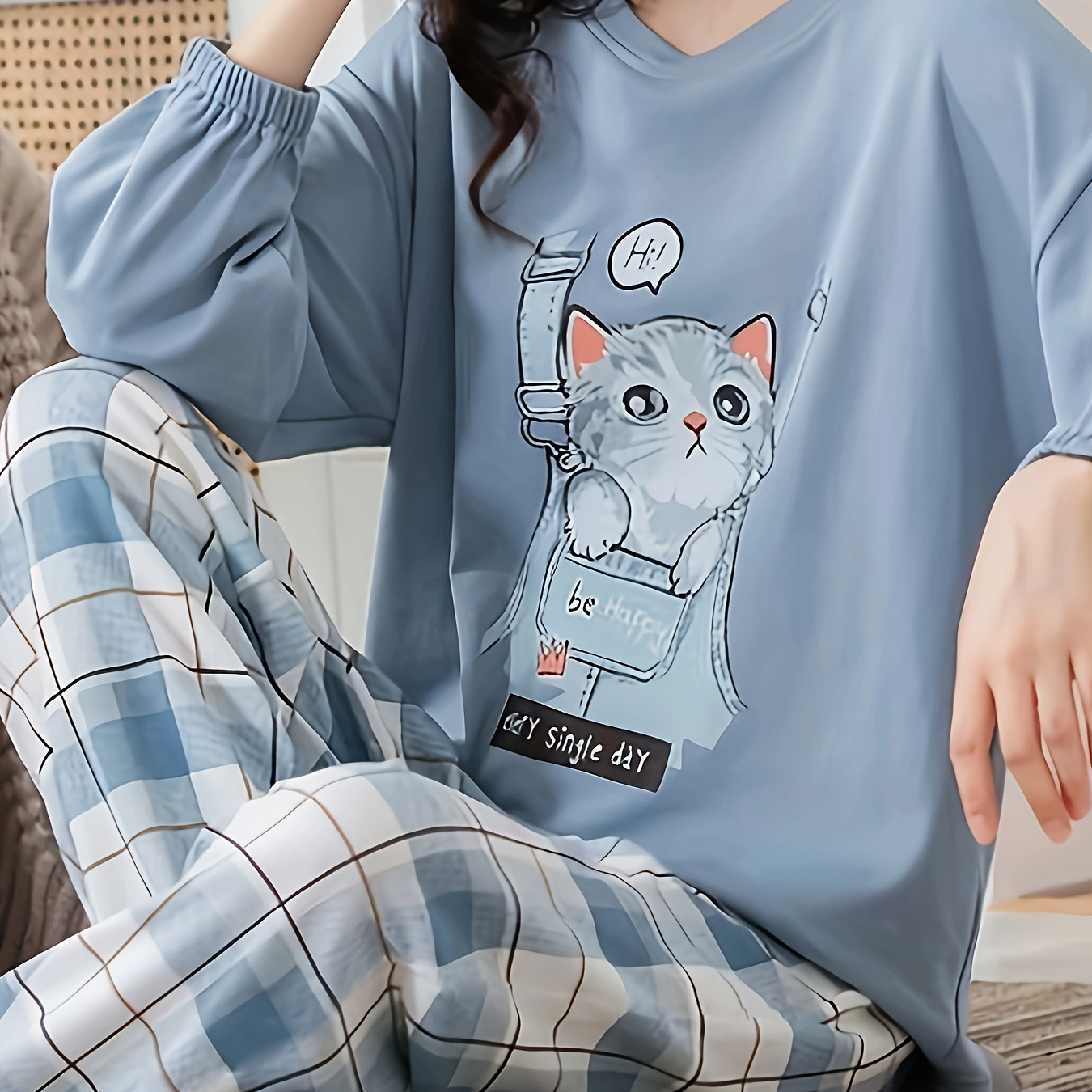 

Cat Set, Drop Shoulder Long Sleeve Round Top & , Women's Loungewear For Fall/