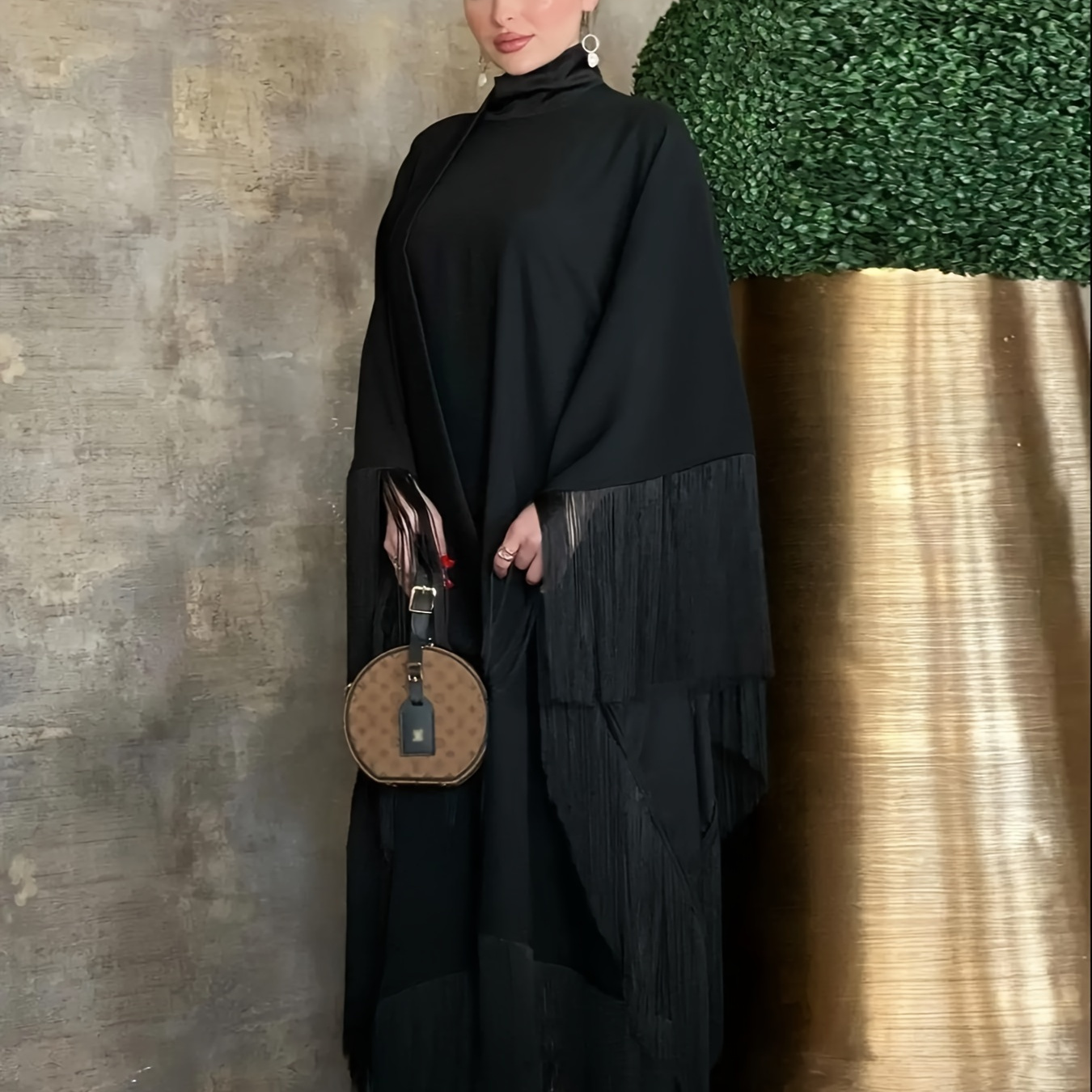 

Ramadan Solid Fringe Batwing Sleeve Kaftan Dress, Elegant Loose Maxi Length Dress, Women's Clothing