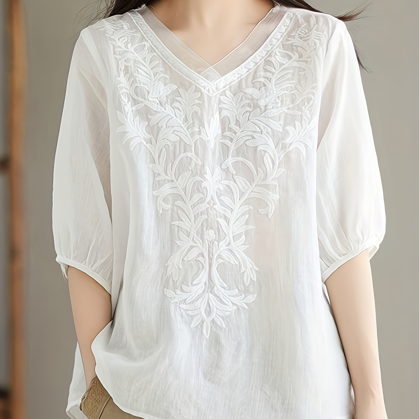 

Embroidered V Neck Loose Blouse, Elegant Half Sleeve Blouse For Spring & Summer, Women's Clothing