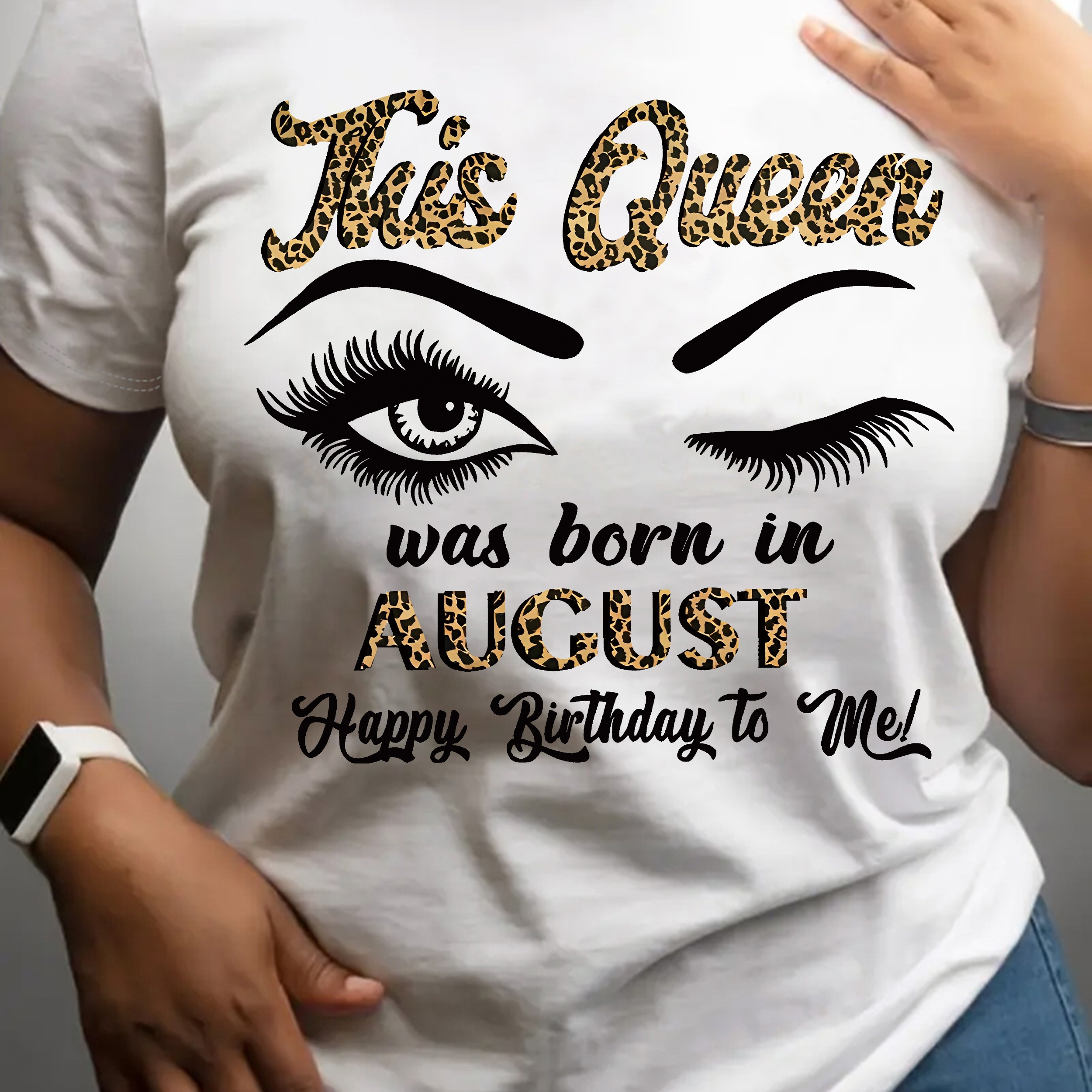 

Queen August Birthday Print T-shirt, Short Sleeve Crew Neck Casual Top For Summer & Spring, Women's Clothing