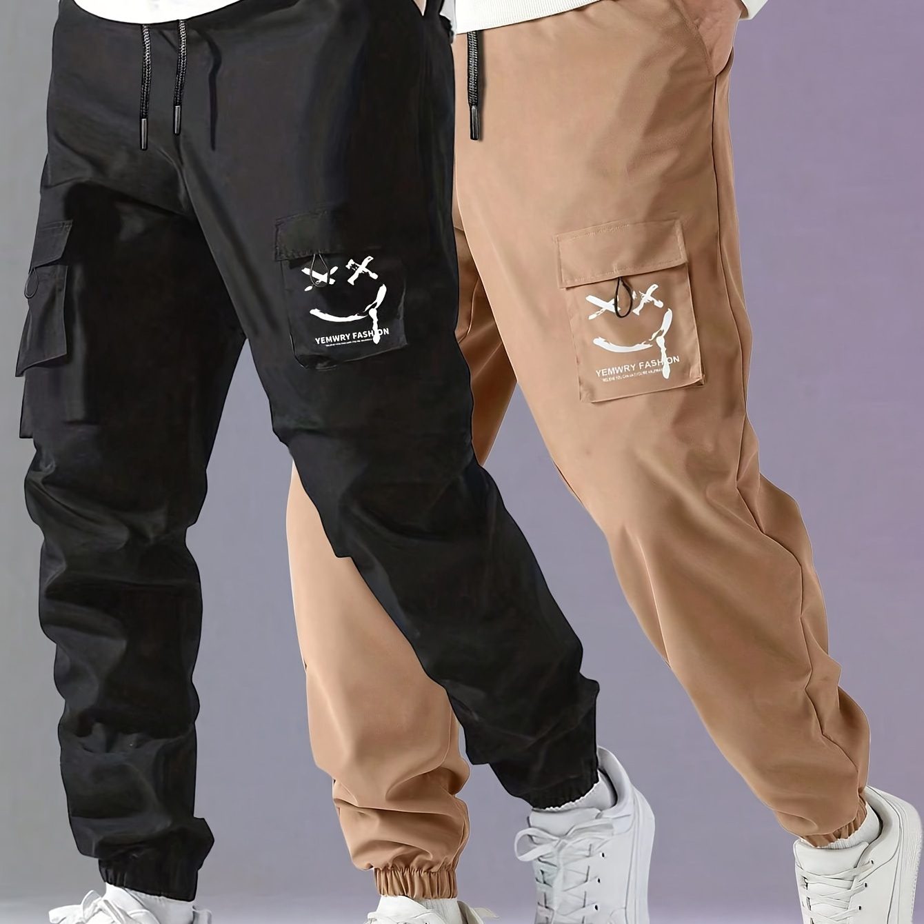 

2pcs Boy's Smile Face Pattern Jogger Cargo Pants With Drawstrings, Casual Comfy Pants Outdoor Trousers