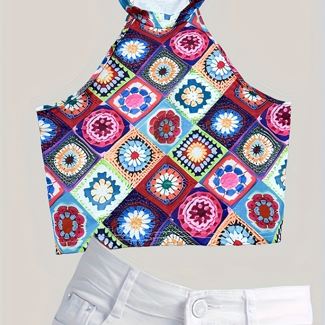 

Mandala Print Choker Neck Crop Top, Boho Sleeveless Top For Summer, Women's Clothing