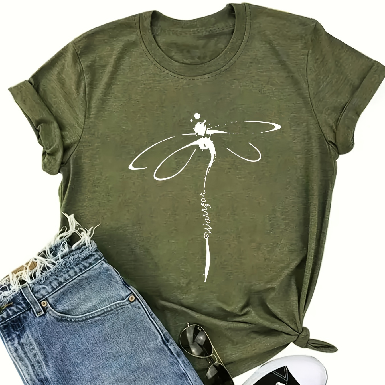 

Dragonfly Neck T-shirt, Casual Short Sleeve Top For , Women's Clothing