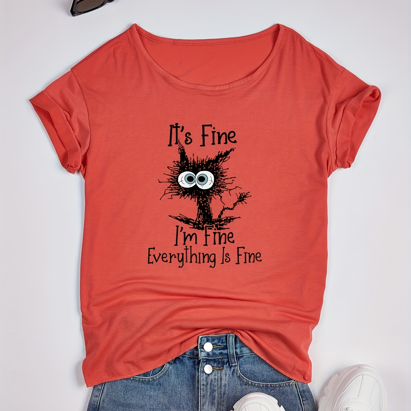 

A Cartoon Black Cat Printed Short Sleeve T-shirt, Sports Fitness Yoga Running Top, Women's Clothing