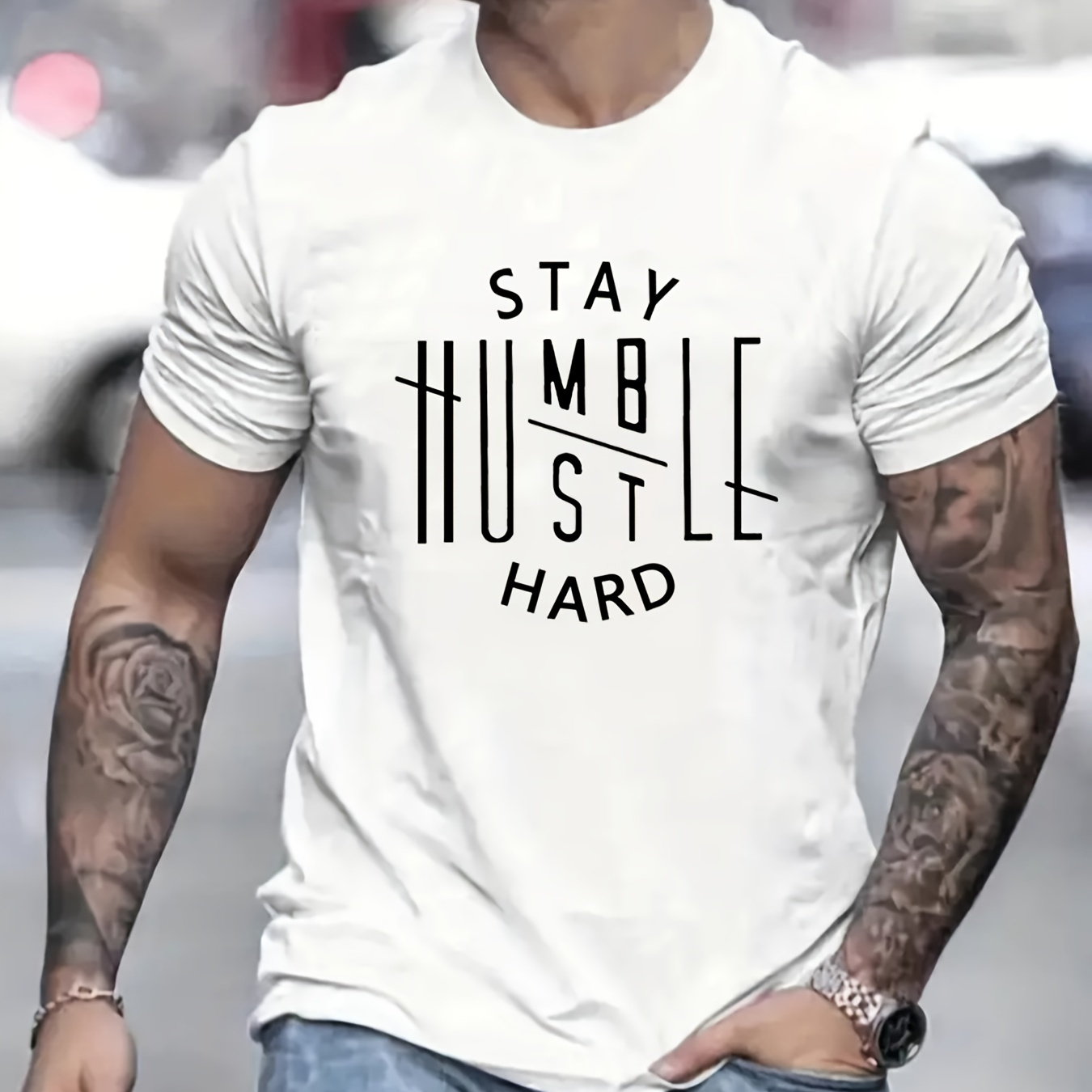 Stay Humble Print, Men's Graphic Design Crew Neck T-shirt, Casual Comfy Tees Tshirts For Summer, Men's Clothing Tops For Daily Vacation Resorts