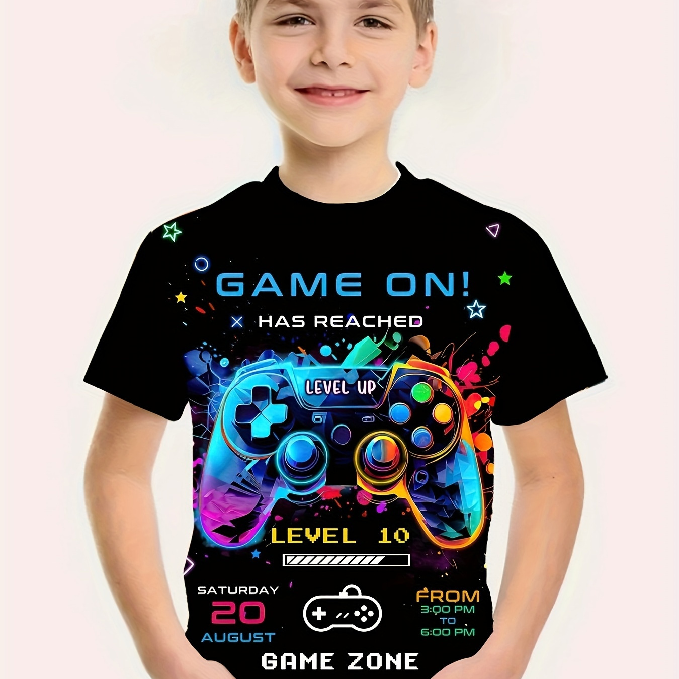 

Boys' Cool 3d Game Console Graphic Tee - Breathable, Stretchy Polyester , Machine Washable - Summer Fun & Parties