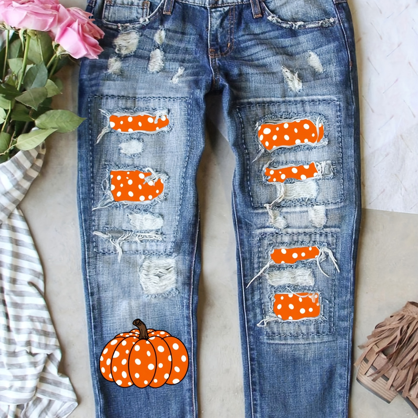 

Yiweidi High-waisted Stretch Denim Jeans With Pumpkin Print, Comfortable And Fashionable, Suitable For Spring, Summer, Autumn And Winter, Machine Washable And Dryable