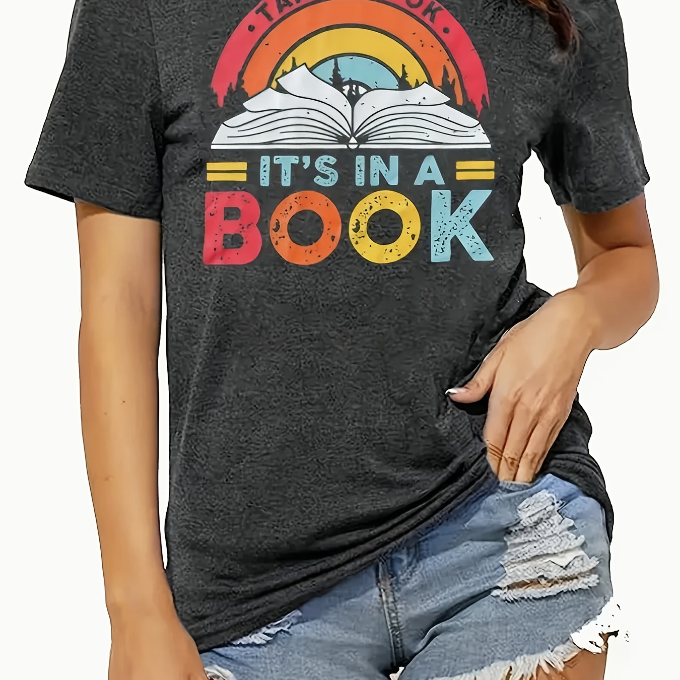 

Women's Chic Book Print Tee - Comfy, Casual Short Sleeve Crew Neck T-shirt For Wear & Stylish Layering