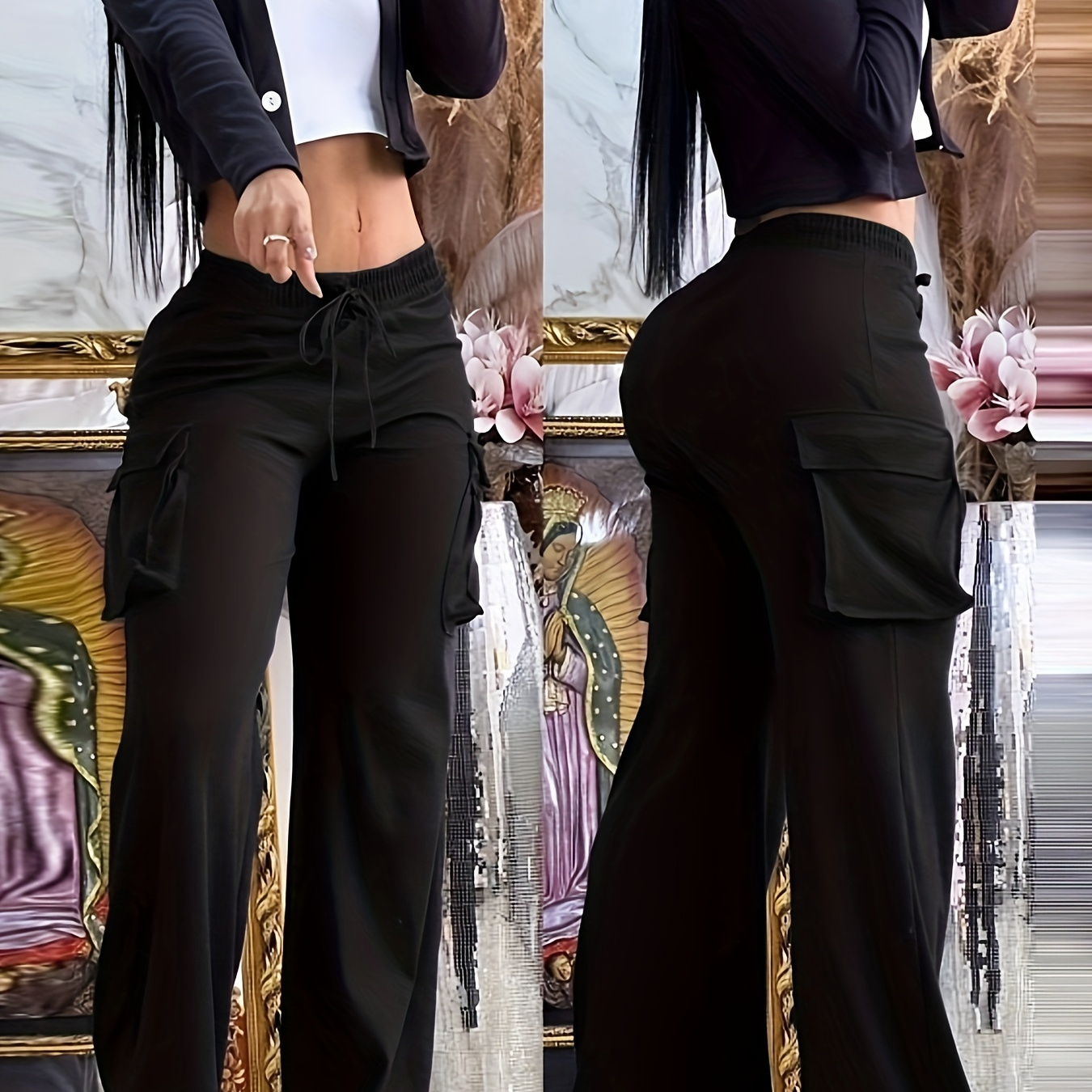 Plus Size Casual Pants, Women's Plus Solid Elastic Drawstring Wide Leg Cargo Pants