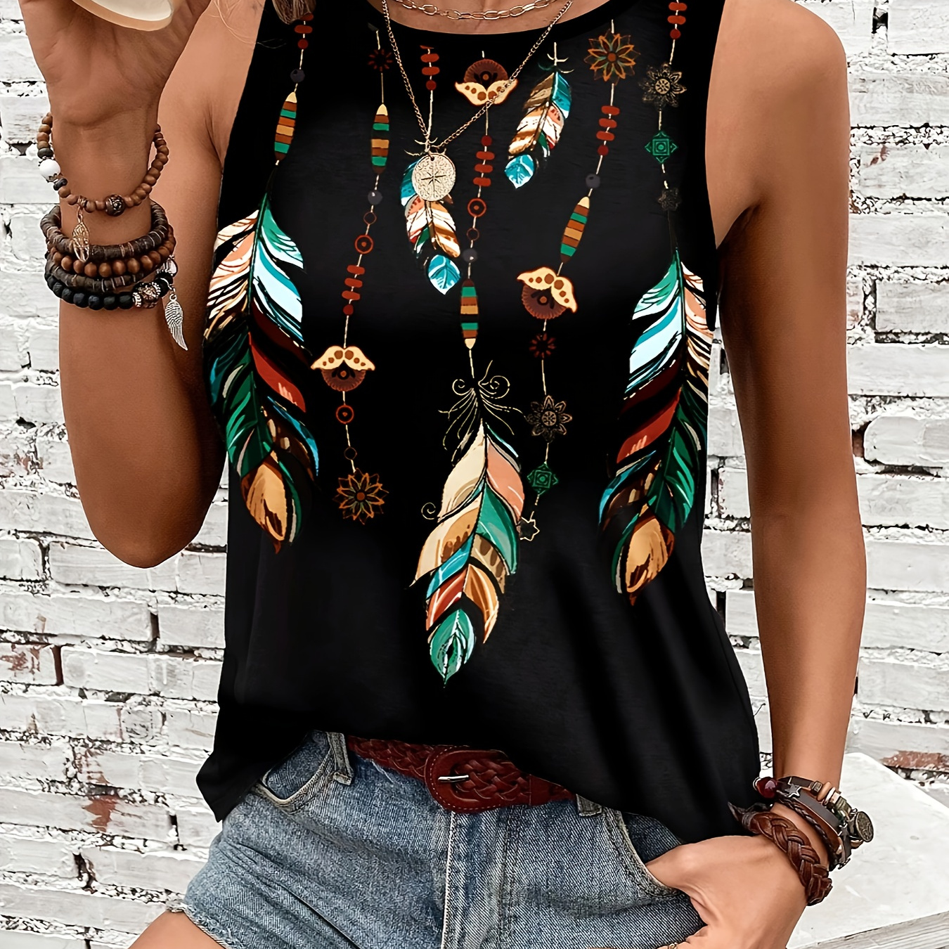 

Women's Casual Polyester Knit Sleeveless Tank Top, Crew Neck, Loose Fit, With Feather Print, For Spring/summer/fall